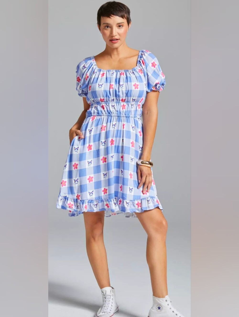 Kuromi Sanrio Kuromi Gingham Floral Smock Dress